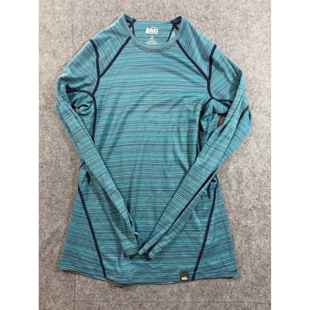 REI Co-op Womens Small Teal Blue Striped Long Sleeve Base Layer Hiking Top